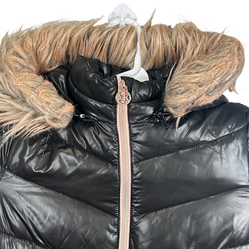 Michael Kors Girls Black Puffer Coat Faux Fur Hood Rose Gold 10/12